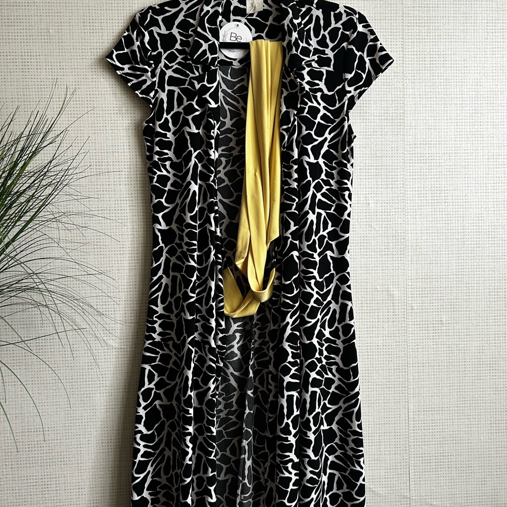 Vintage Black and White Patterned Dress with Yellow Accent Belt Wrap